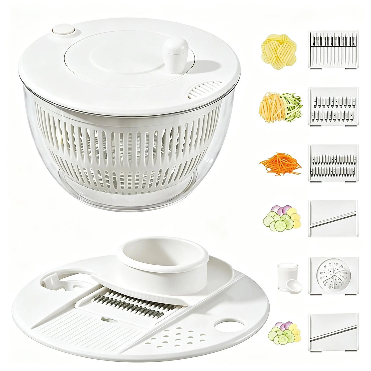 UFORU Plastic 3-in-1 Durable Large Salad Spinner Set - 5.3 Qt Kitchen Bowl with Strainer, Lid, Finger-Safe Blades, Garlic/Ginger Grater, Vegetable Cutting Slicer, Egg Yolk Strainer, Spiralizer, Basket for Family Prep, Juicing