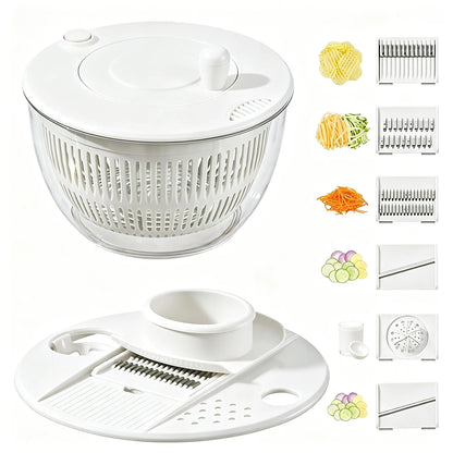 UFORU Plastic 3-in-1 Durable Large Salad Spinner Set - 5.3 Qt Kitchen Bowl with Strainer, Lid, Finger-Safe Blades, Garlic/Ginger Grater, Vegetable Cutting Slicer, Egg Yolk Strainer, Spiralizer, Basket for Family Prep, Juicing