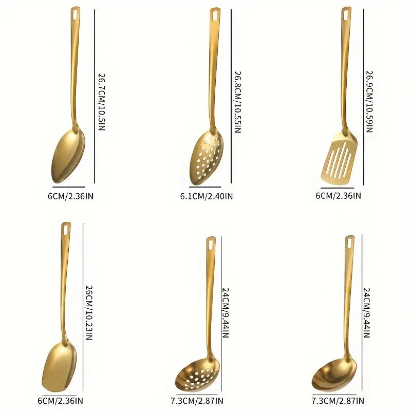 Stainless Steel Utensils 6-Piece Bundle Set Spatulas & Turners - Gold, Black, Silver Multi-Piece Set, Includes Serving Spatula, Rice Spoon, Skimmer, Soup Spoon, Mirror-Polished, Dishwasher Safe for Buffets, Gatherings