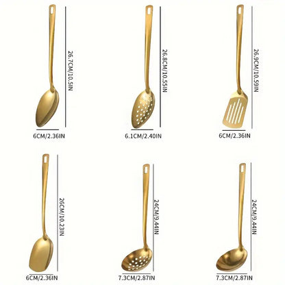 Stainless Steel Utensils 6-Piece Bundle Set Spatulas & Turners - Gold, Black, Silver Multi-Piece Set, Includes Serving Spatula, Rice Spoon, Skimmer, Soup Spoon, Mirror-Polished, Dishwasher Safe for Buffets, Gatherings