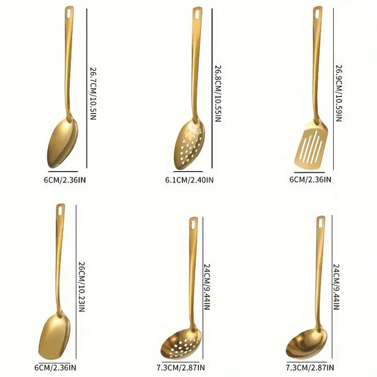 Stainless Steel Utensils 6-Piece Bundle Set Spatulas & Turners - Gold, Black, Silver Multi-Piece Set, Includes Serving Spatula, Rice Spoon, Skimmer, Soup Spoon, Mirror-Polished, Dishwasher Safe for Buffets, Gatherings