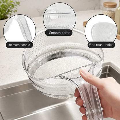 Aesthetic Multifunctional Rice Strainer Basket with Handle - Sturdy BPA-Free Transparent Plastic Kitchen Utensil, Colander for Draining Vegetables, Fruits