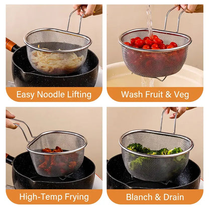 【SummerWins】Sturdy Stainless Steel Standing Mesh Strainer Basket with Handle, Fine Mesh Deep Food Colander Kitchenware, Multipurpose Sieves and Colanders with Draining Scoop for Noodles, Frying, Kitchen Accessories for Cooking Use,sohochic