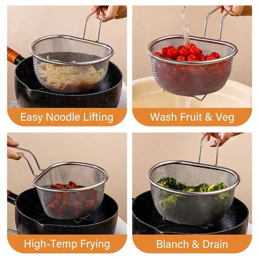 【SummerWins】Sturdy Stainless Steel Standing Mesh Strainer Basket with Handle, Fine Mesh Deep Food Colander Kitchenware, Multipurpose Sieves and Colanders with Draining Scoop for Noodles, Frying, Kitchen Accessories for Cooking Use,sohochic