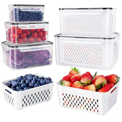 5 Pack Fridge Organizers and Storage - Stackable Fruit Storage Containers for Fridge with Removable Colander, BPA-Free Food Storage Container for Salad Berry Lettuce Vegetables Meat Keeper Fresh