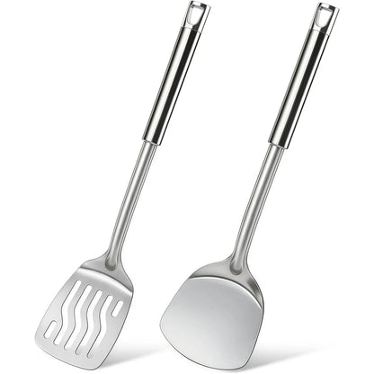 2 count Stainless Steel Spatulas Set, Metal Spatula Solid & Slotted Turner, Heavy Duty Sturdy Spatula for Kitchen Use, High Heat Resistant Cooking Utensils for Fish Eggs Pancakes, Easy to Clean,