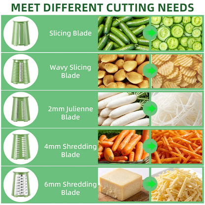 Manual Cheese Grater, 5-Blade Rotary Cheese Shredder & Vegetable Slicer with Hand Crank, Interchangeable Stainless Steel Blades, Suction Cup Base for Cheese, Carrot, Potato & Cucumber