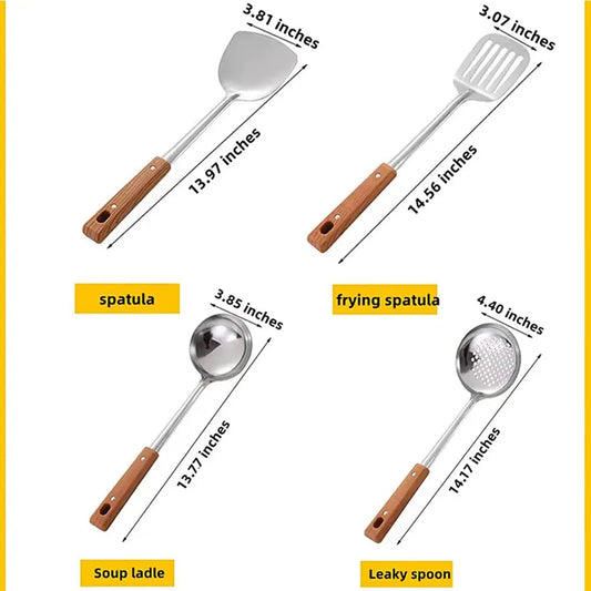 4-Piece Brushed Finish 304 Stainless Steel Wok Cooking Tools Set - Safe Cooking Kit with Hanging Hole, Wooden Anti-Scald Protection Handles, Spatula, Soup Ladle, Slotted Spoon, Oil Drainer, Non-Stick Compatible, Spill-Proof for Kitchen Use, Party Gifts