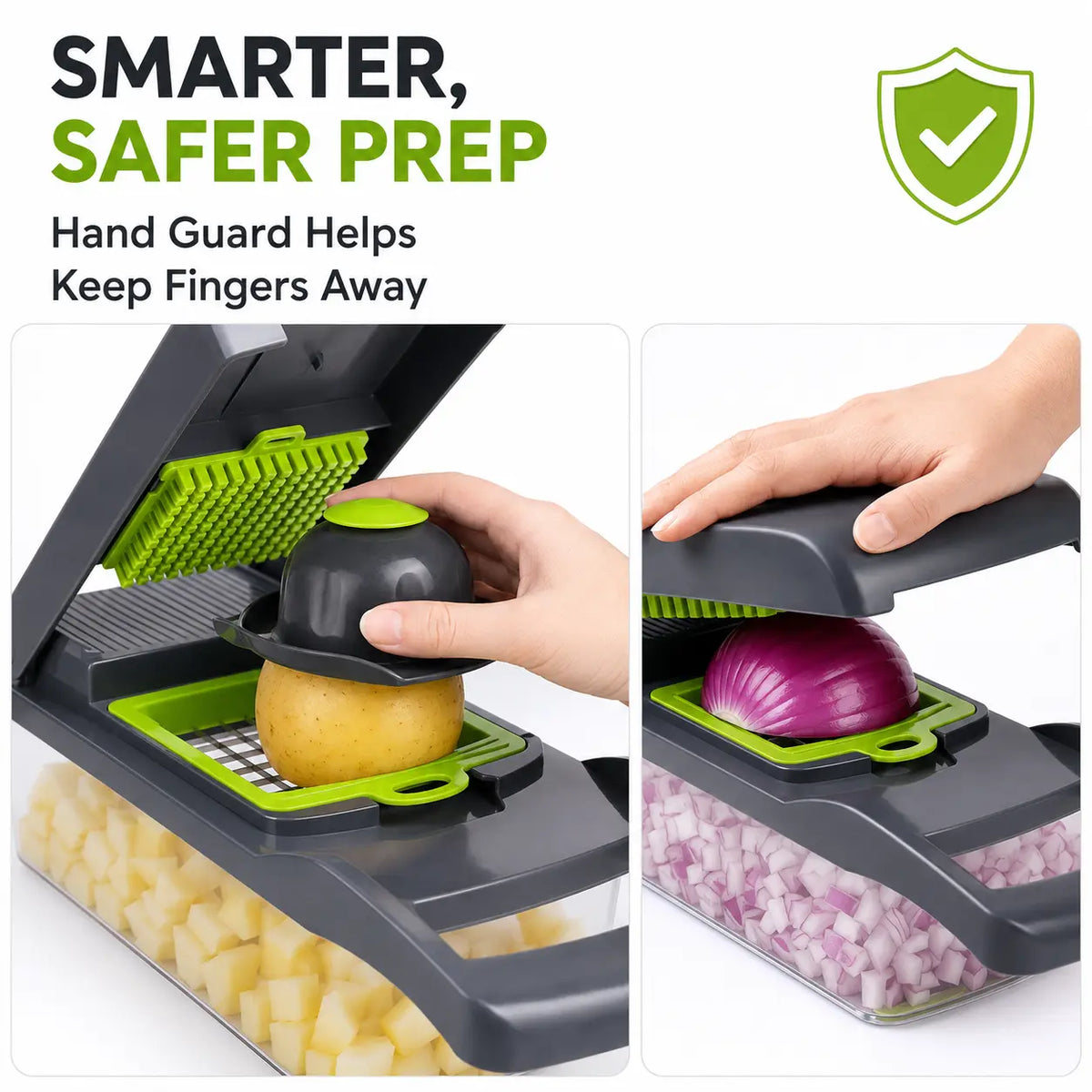 7CODE Vegetable Chopper Dicer with Container, 16-in-1 Cheese Grater Mandoline Slicer Cabbage Shredder French Fry Cutter, Stainless Steel Blade Food Chopper for Onion Potato Veggie Fruit, Handheld Manual Kitchen Gadget with Storage Box