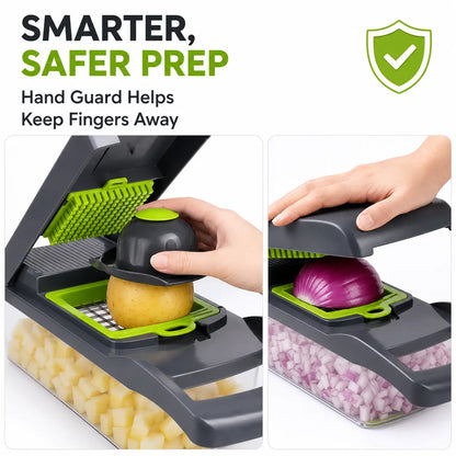7CODE Vegetable Chopper Dicer with Container, 16-in-1 Cheese Grater Mandoline Slicer Cabbage Shredder French Fry Cutter, Stainless Steel Blade Food Chopper for Onion Potato Veggie Fruit, Handheld Manual Kitchen Gadget with Storage Box