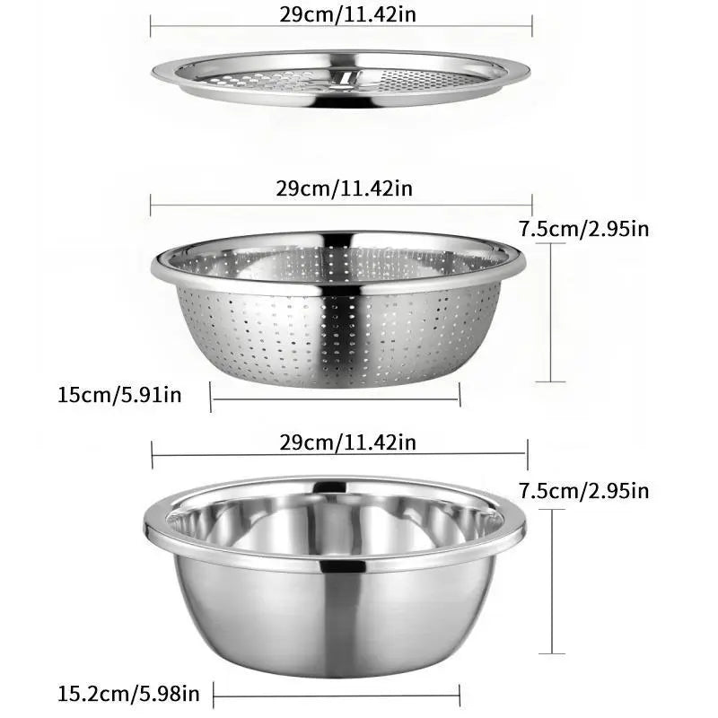 【Homeessentials】 Multifunctional cutting machine,3-In-1 Stainless Steel Multi-Functional Strainer Set, Includes Basin/sieve/cutter, Ideal for Washing Rice Fruits Vegetables Kitchen Essentials.,sohochic