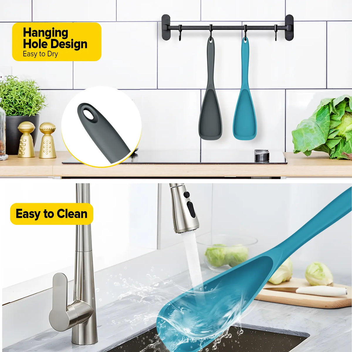 BundlePro Silicone Cooking Spoons 2-Pack - Anti-Adhesive Spatulas & Turners for Nonstick Cookware, BPA-Free Food Grade, Heat Resistant Handles Up to 446°F with Confidence, Top Stays Clean Mixing Kitchen Utensils Set
