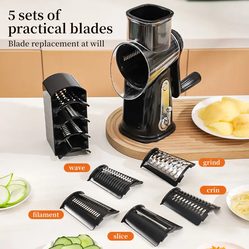 5-in-1 Rotary Vegetable Slicer & Chopper Grater - Manual Multi-Blade Adjustable Shredder, Easy-to-Use Kitchen Utensil for Efficient Potato, Cucumber, Cheese Prep