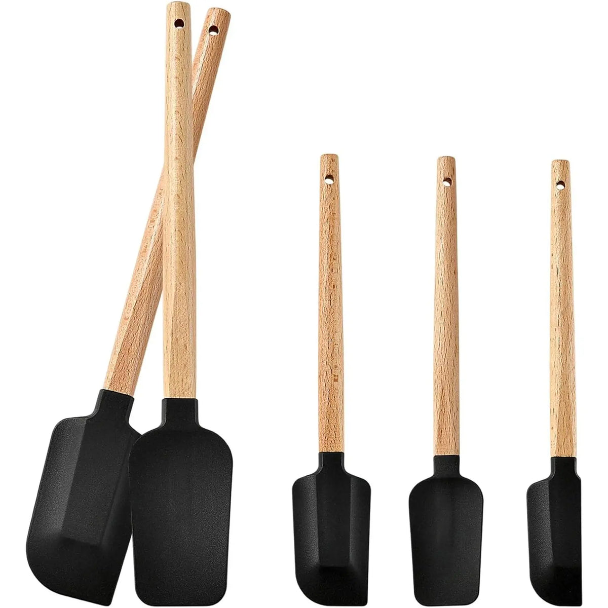 5 count  Spatula Set with Wooden Handle, High Heat Resistant Non Stick Kitchen Spatulas,   Grade  Utensils for Cooking Baking Mixing Jar Scraping, Black