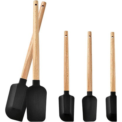 5 count  Spatula Set with Wooden Handle, High Heat Resistant Non Stick Kitchen Spatulas,   Grade  Utensils for Cooking Baking Mixing Jar Scraping, Black