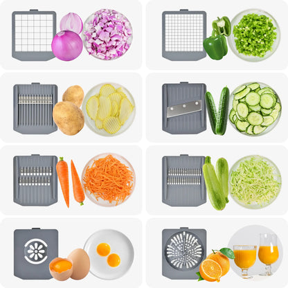 SUSTEAS Durable 10-in-1 Rectangular ABS Plastic Fruit Vegetable Slicer - 6-Blade Pro Food Chopper, Mandoline, Onion Potato Dicer, Vegetable Grater, Kitchen Shredder, Lemon Squeezer, Egg White Separator (Grayish White),sohochic