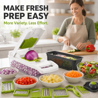 7CODE Vegetable Chopper Dicer with Container, 16-in-1 Cheese Grater Mandoline Slicer Cabbage Shredder French Fry Cutter, Stainless Steel Blade Food Chopper for Onion Potato Veggie Fruit, Handheld Manual Kitchen Gadget with Storage Box