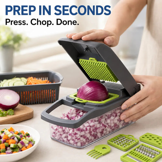 7CODE Vegetable Chopper Dicer with Container, 16-in-1 Cheese Grater Mandoline Slicer Cabbage Shredder French Fry Cutter, Stainless Steel Blade Food Chopper for Onion Potato Veggie Fruit, Handheld Manual Kitchen Gadget with Storage Box