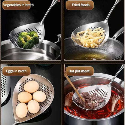 Wooden Handle Stainless Steel Skimmer, Skimmer Slotted Spoon, Ladle Spoon with Heat-Resistant Long Handle, Extra Thick Spider Strainer for Deep Frying, Boiling & Fast Oil Draining