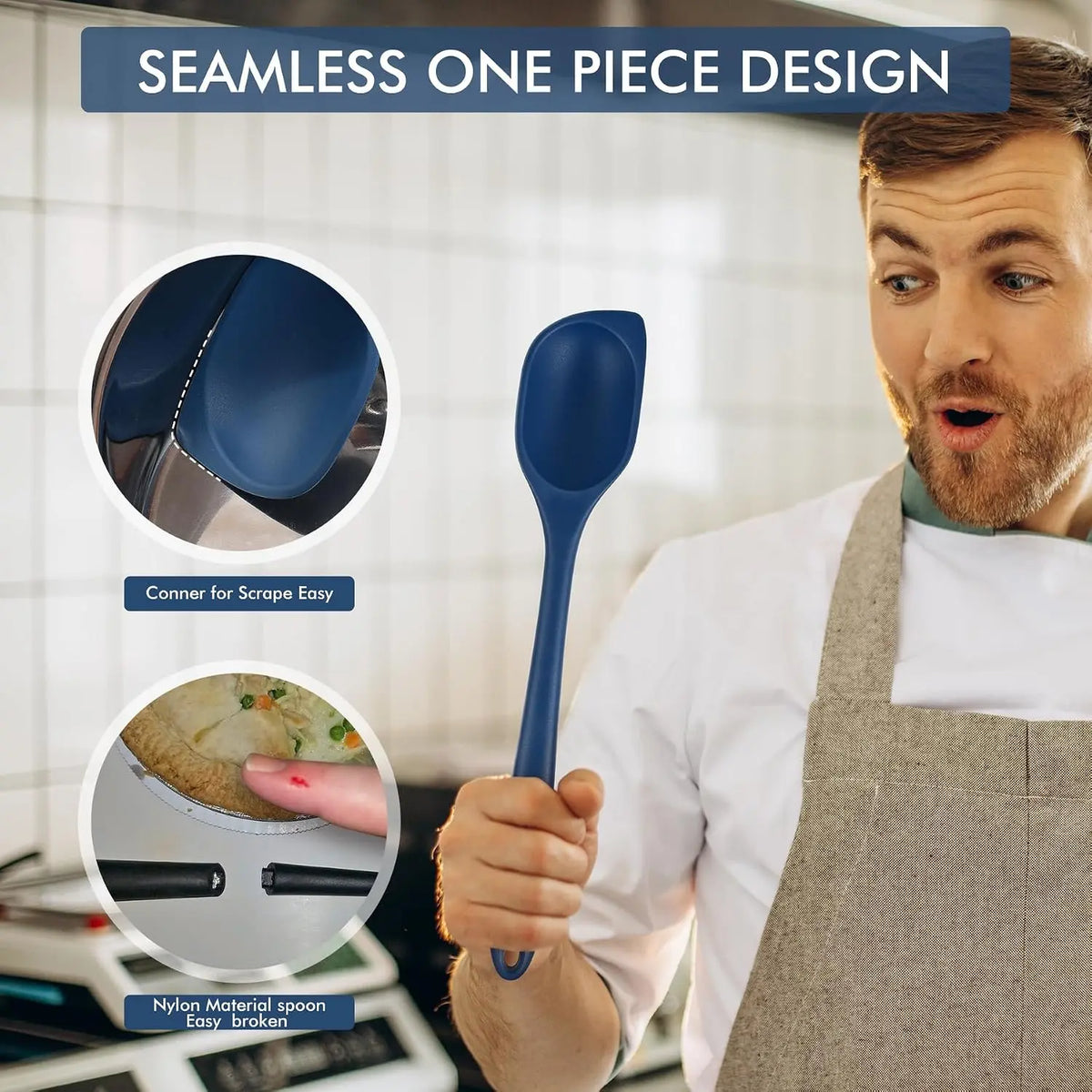 446°F Heat Resistant  Cooking Spoon Spatula,  Large Kitchen Solid and Slotted Spoons for Mixing, Serving, Scraping, Non-stick, Dishwasher Safe Classic Blue 12.5inch