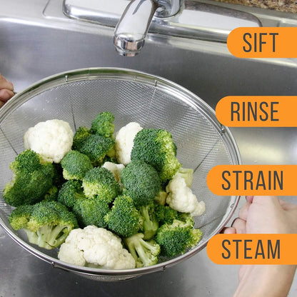 Sturdy 3-Piece Stainless Steel Colander Strainer Set - 5, 4, 3-Quart Steel Mesh Baskets with Handles, Resting Base, Ideal for Cooking Prep (Varied Capacity Kitchen Sieve Utensil)
