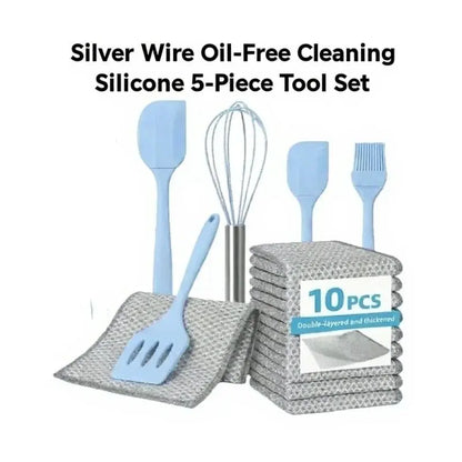 5-Piece Food-Grade Silicone Kitchen Bakeware Combo Set - Spatula, Leak-Proof Scraper, Egg Beater, Brush, Heat-Resistant Stirring Utensils for 4-Hole Pans, Dish-Safe Kitchen Supplies + Free 10-Piece Metal Wire Dish Cloths (Detailed Size Chart Included), Fi