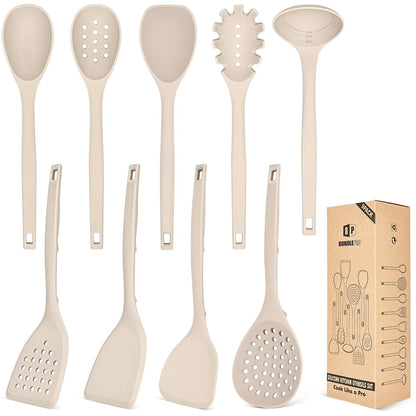 BUNDLEPRO 9-Piece Silicone Cooking Set - Heat Resistant, BPA Free Kitchen Utensils Gadgets with Hanging Back Hooks, Ladle, Spatulas, Spoons, Skimmer, Stirring Tools, Pasta Fork for Non-Stick Cookware