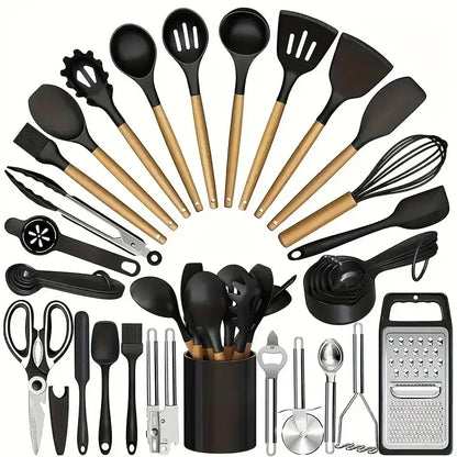 Summerwins 40pc Silicone Kitchen Utensils Set - Durable, Heat-Resistant, Non-Stick Kitchen Cooking Accessories, Black & Gold Heavy-Duty Kitchenware with Nonstick Spatula, Whisk, Grater, Measuring Cups, Cutting Board, Slotted Spoon, Dishwasher Safe
