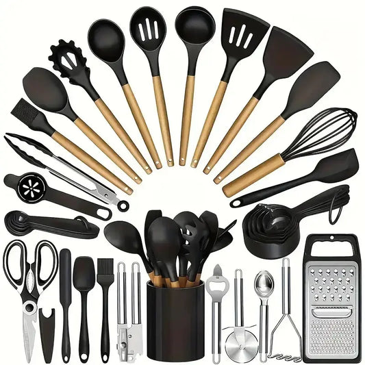Summerwins 40pc Silicone Kitchen Utensils Set - Durable, Heat-Resistant, Non-Stick Kitchen Cooking Accessories, Black & Gold Heavy-Duty Kitchenware with Nonstick Spatula, Whisk, Grater, Measuring Cups, Cutting Board, Slotted Spoon, Dishwasher Safe