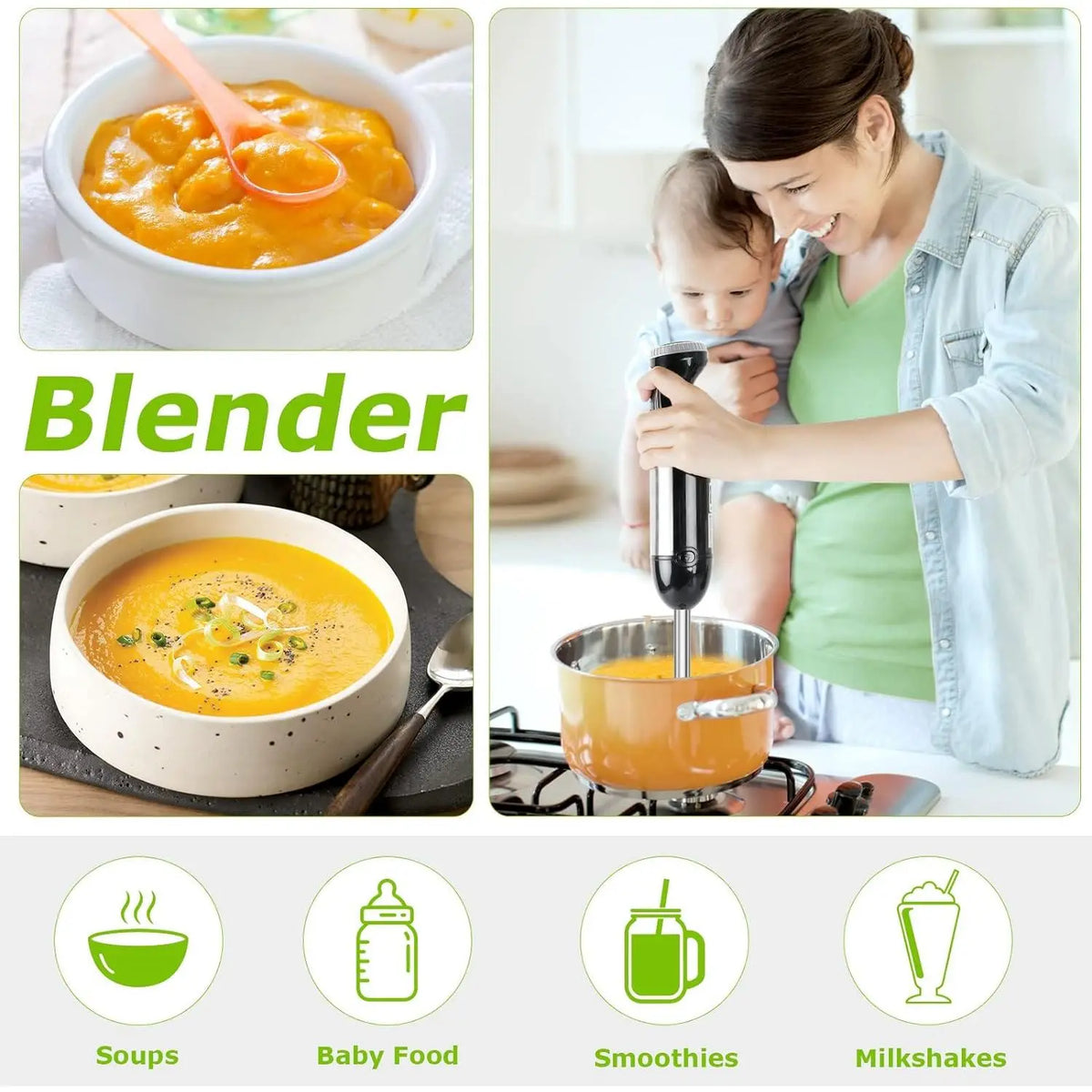 Bonsenkitchen Durable Stainless Steel Immersion Blender - 4-In-1 Multifunctional Household Appliances, High-Power High Speed Performance Hand Mixers, 20 Speeds, Turbo, 1-Hand Grip, Multi-Accessory Set (Egg Whisk, Beaker, Chopper Bowl, Dough Mixer),sohochi