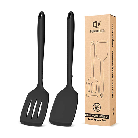 BUNDLEPRO Khaki Kitchen Utensils Set - 2-Piece Non-Stick Slotted Silicone Spatula Turner, 1-Piece Solid Silicone Cooking Spoon, Heat-Resistant BPA-Free, Protects Pot Coats, Ideal for Family Daily Use, Cooking Fish & Pancakes
