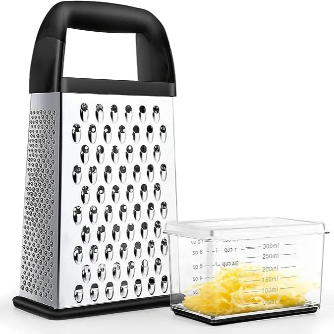 Stainless Steel 4-Sided Grater - 4-in-1 Multi-Purpose Kitchen Gadgets with Container, Lid, Detachable Handles, Anti-Slip Base, Dishwasher Safe Grater Blade for Healthy Meal Prep (Black Friday Deal) | Slicer, Vegetable Cutter