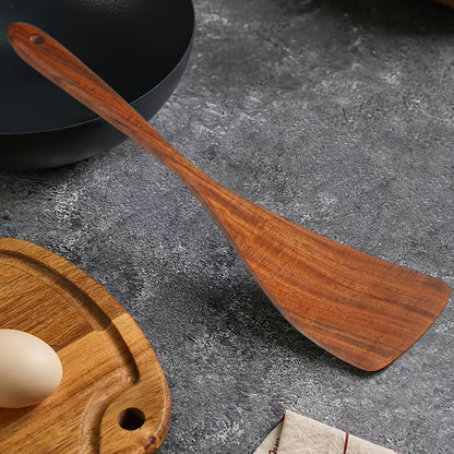 Premium Acacia Wood Spatula with Long Handle - Non-Stick, Flat Bottom for Easy Cooking & Serving