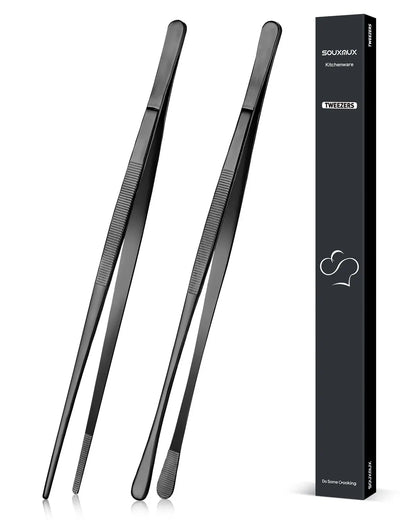 2-Pack 12-in Stainless Steel Precision Serrated-Tip Cooking Tweezers Tongs - Professional Kitchenware Utensils, Metal Grill & Barbecue Accessories for Plating, Serving