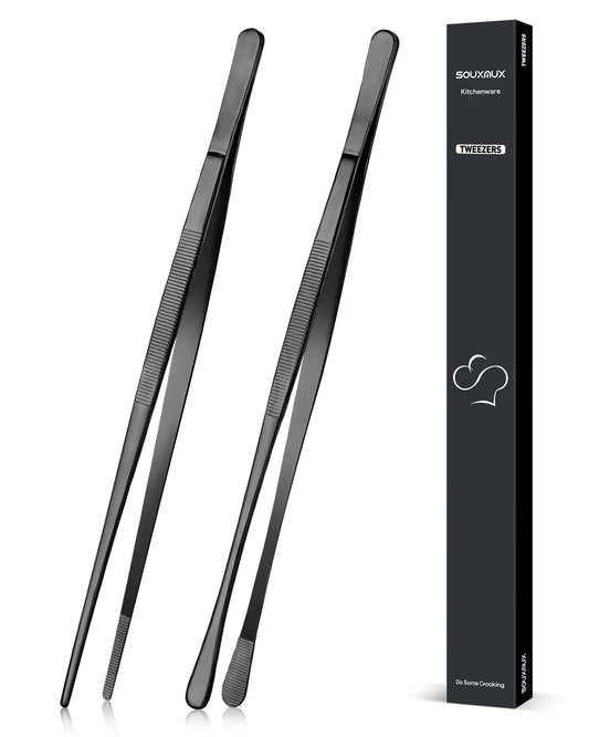 2-Pack 12-in Stainless Steel Precision Serrated-Tip Cooking Tweezers Tongs - Professional Kitchenware Utensils, Metal Grill & Barbecue Accessories for Plating, Serving