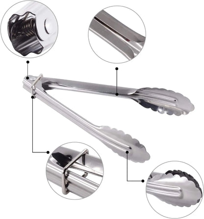6Pcs 7-Inch Mini Stainless Steel Food Tongs with Silding Rings, Small Clam Shell Service Tongs for Serving Appetizers, Desserts, Salads, Barbecue and Cooking (Silver)
