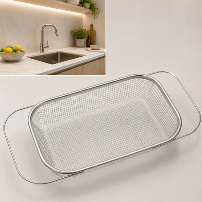 Stainless Steel Over-The-Sink Colander Strainer Basket - Expandable Rectangle Fine Mesh Kitchen Utensil with Handles, Silver Draining Kitchen Essential