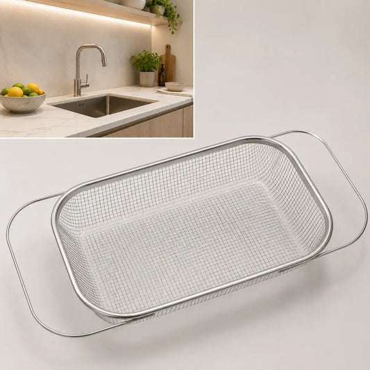 Stainless Steel Over-The-Sink Colander Strainer Basket - Expandable Rectangle Fine Mesh Kitchen Utensil with Handles, Silver Draining Kitchen Essential