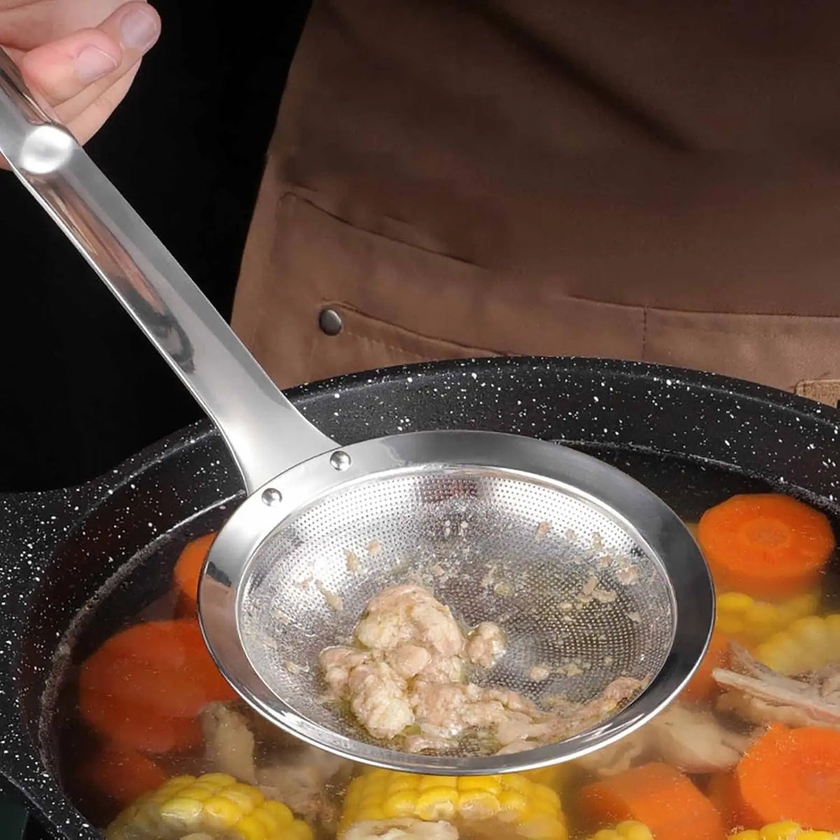 304 Stainless Steel Thick Mesh Strainer Ladle - Rustproof Kitchen Utensils with Heat-Resistant Handle, Fine Mesh, Dishwasher Safe, Ideal for Hot Pot Foam/Dregs, Oil Skimming in Soups, Essential Daily Meal Prep Tool