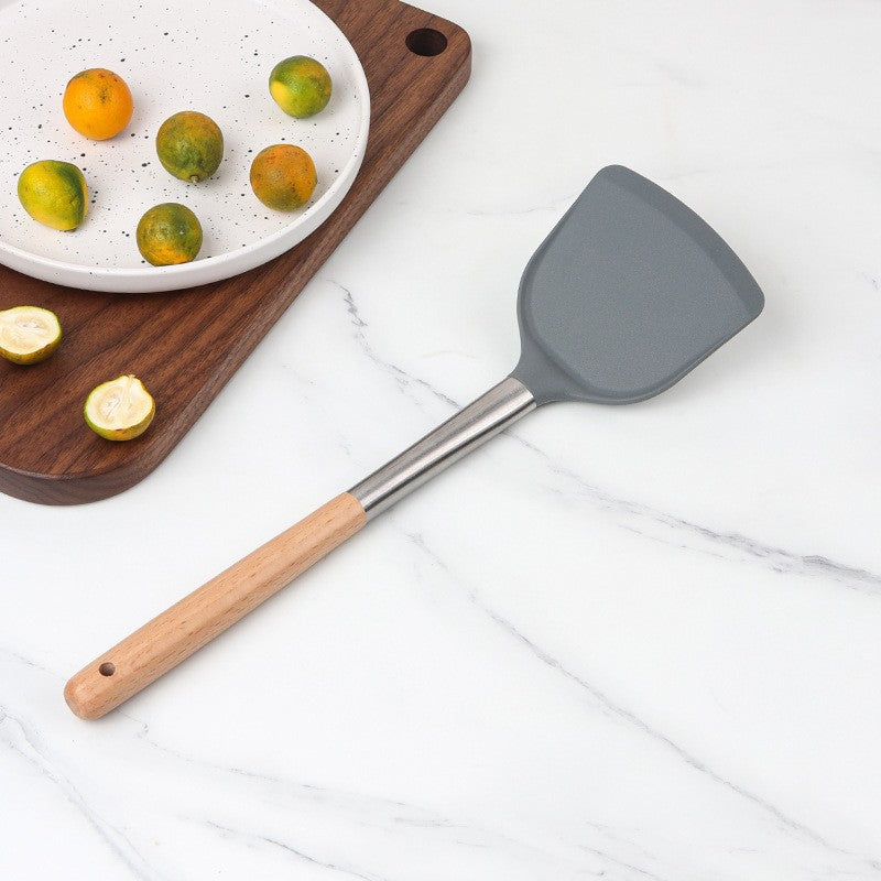 1pc of Cooking Utensil, Wooden Handle Stainless Steel Silicone Frying Pan - Long Handle, Non-stick, Heat-resistant, Easy to Clean, Specialized Utensil for Non-stick Pans, Kitchen Cooking Tool, Specialized Kitchen Tool, Household Cooking Utensil