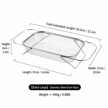 Stainless Steel Over-The-Sink Colander Strainer Basket - Expandable Rectangle Fine Mesh Kitchen Utensil with Handles, Silver Draining Kitchen Essential