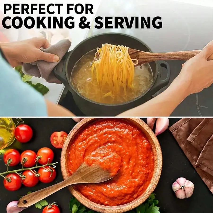 5-Piece Natural Kemu Wood Cookware Utensil Set - Nonstick Skillet-Safe Solid Grain Spoons, Soup Ladle, Wok Spatula, Comfort Grip, Smooth Finish, Durable, Easy to Clean, Non-Toxic Kitchen Tools, Five Pieces