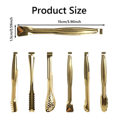 6-Inch Gold-Plated Stainless Steel Mini Serving Tongs Set of 6, Multi-Use Gold Kitchen Utensils, Cheese Shred & Lemon Slice Server, Handles Sugar Cubes & Marshmallows, Tableware for Home Cooking