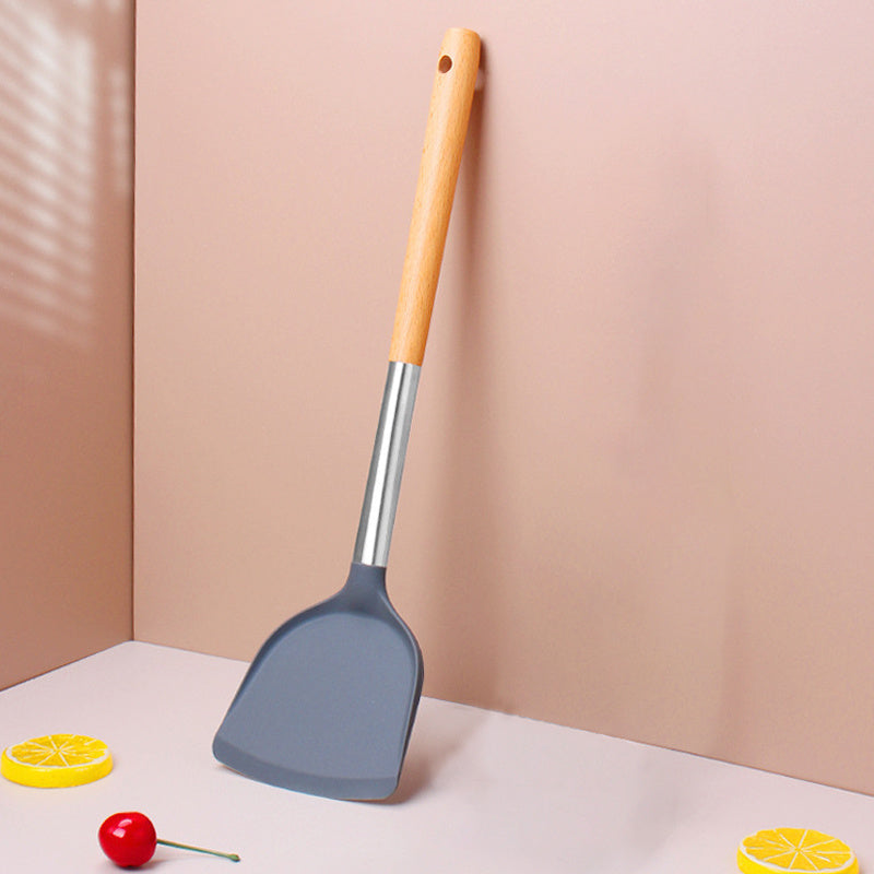 1pc of Cooking Utensil, Wooden Handle Stainless Steel Silicone Frying Pan - Long Handle, Non-stick, Heat-resistant, Easy to Clean, Specialized Utensil for Non-stick Pans, Kitchen Cooking Tool, Specialized Kitchen Tool, Household Cooking Utensil