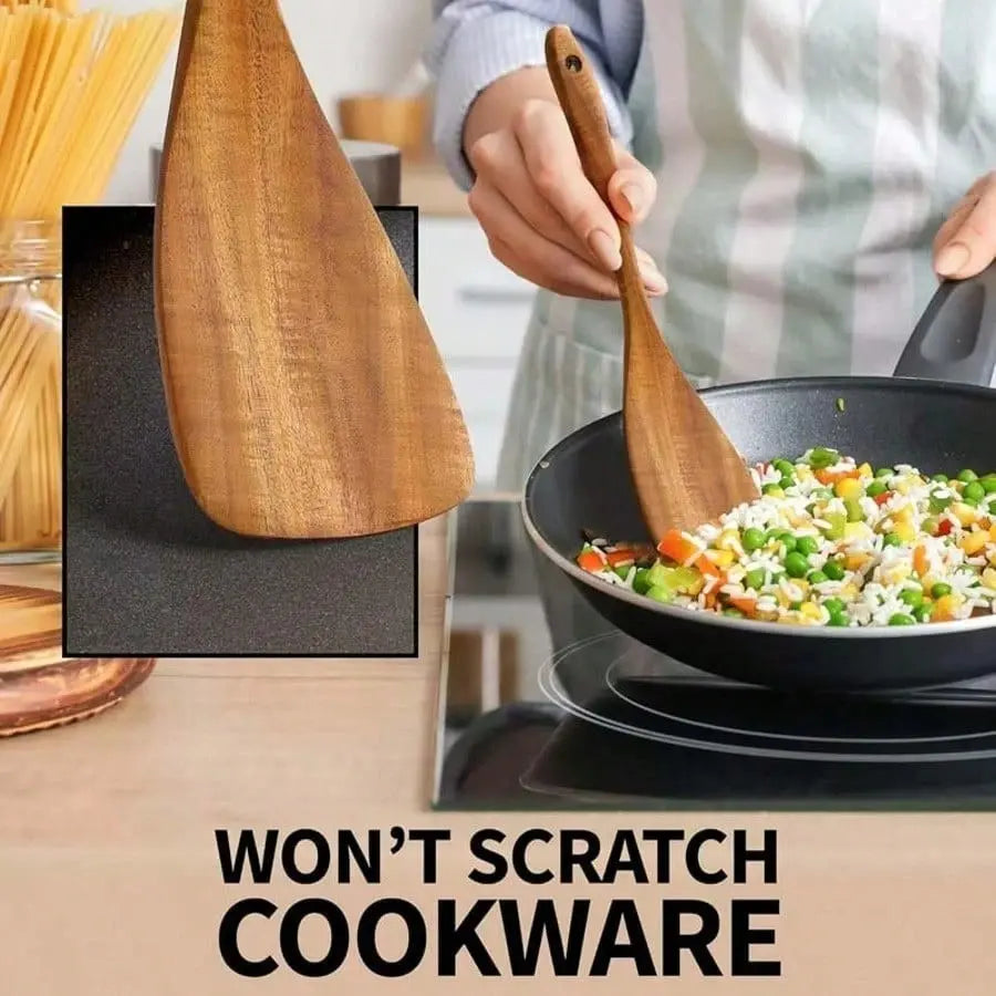 5-Piece Natural Kemu Wood Cookware Utensil Set - Nonstick Skillet-Safe Solid Grain Spoons, Soup Ladle, Wok Spatula, Comfort Grip, Smooth Finish, Durable, Easy to Clean, Non-Toxic Kitchen Tools, Five Pieces