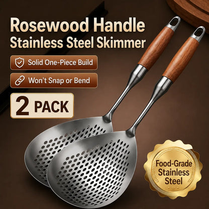 Wooden Handle Stainless Steel Skimmer, Skimmer Slotted Spoon, Ladle Spoon with Heat-Resistant Long Handle, Extra Thick Spider Strainer for Deep Frying, Boiling & Fast Oil Draining