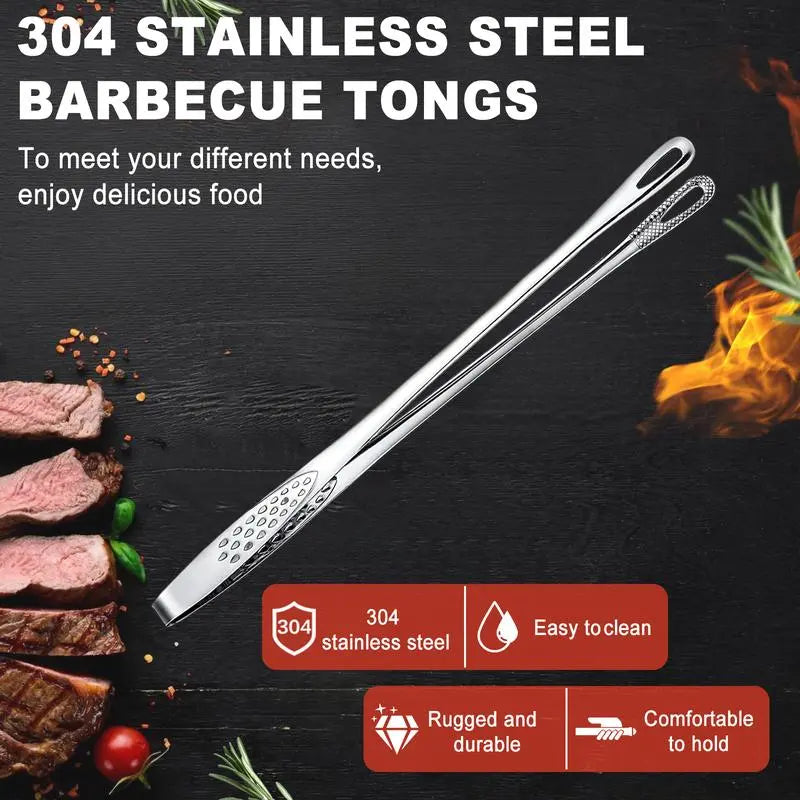 Stainless Steel 2-Piece Barbecue Utensils Multi-Size Set (11-in & 9.4-in) - Lightweight Solid Metal Food Tongs, Chef’s Kitchenware, 11" Steak Reach Tool for Grills, Pick Fish & Salads, Indoor-Outdoor Use, 11 Inches