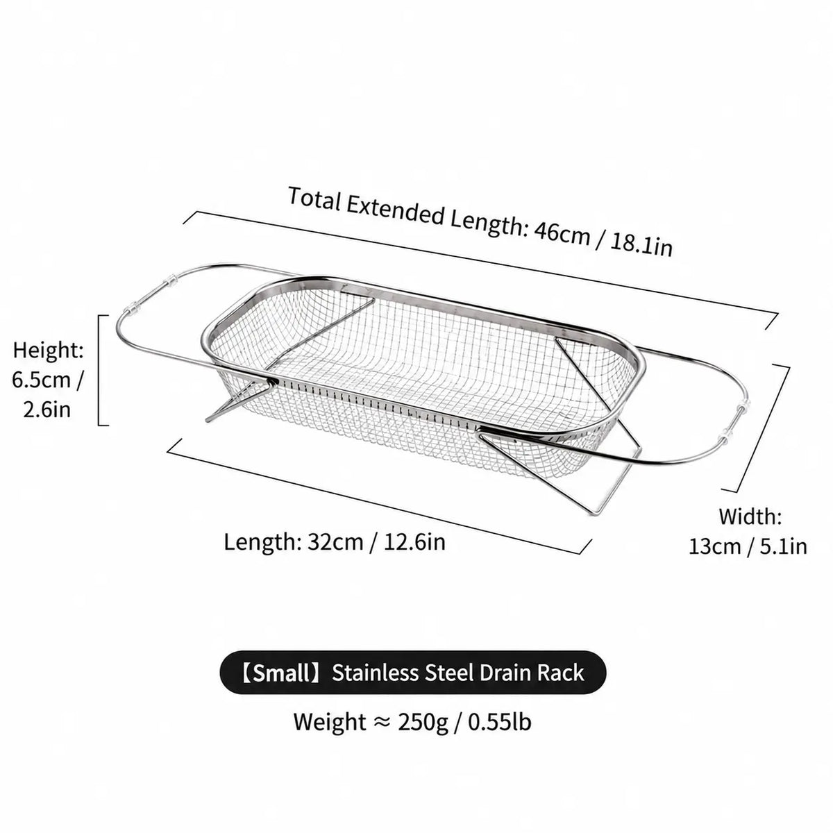 Stainless Steel Over-The-Sink Colander Strainer Basket - Expandable Rectangle Fine Mesh Kitchen Utensil with Handles, Silver Draining Kitchen Essential