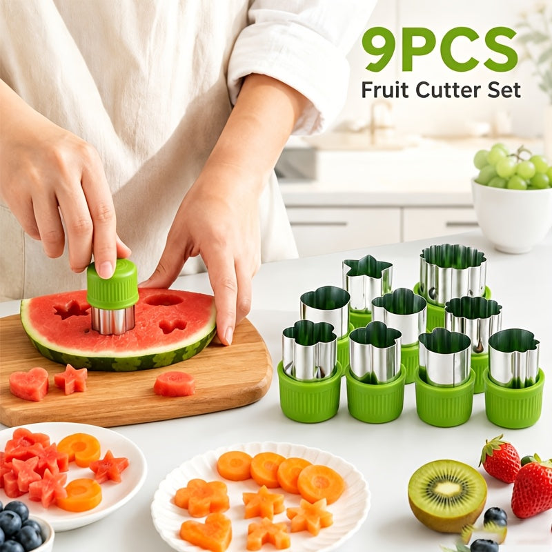 9pcs Fruit Cutter Set, Stainless Steel Fruit Slicer with Shape Molds, Watermelon Cutter, Vegetable Cutting Tools with Star Heart Flower Shapes, Easy Grip Handle, Kitchen Gadgets for Salad, Dessert, Baking and Party Food Decoration