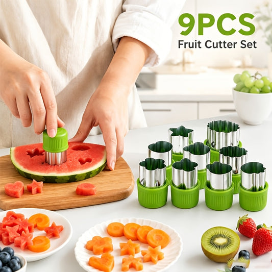 9pcs Fruit Cutter Set, Stainless Steel Fruit Slicer with Shape Molds, Watermelon Cutter, Vegetable Cutting Tools with Star Heart Flower Shapes, Easy Grip Handle, Kitchen Gadgets for Salad, Dessert, Baking and Party Food Decoration